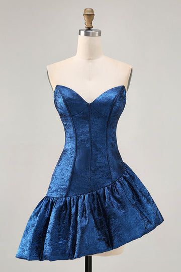 A Line Strapless Asymmetrical Dark Blue Homecoming Dress